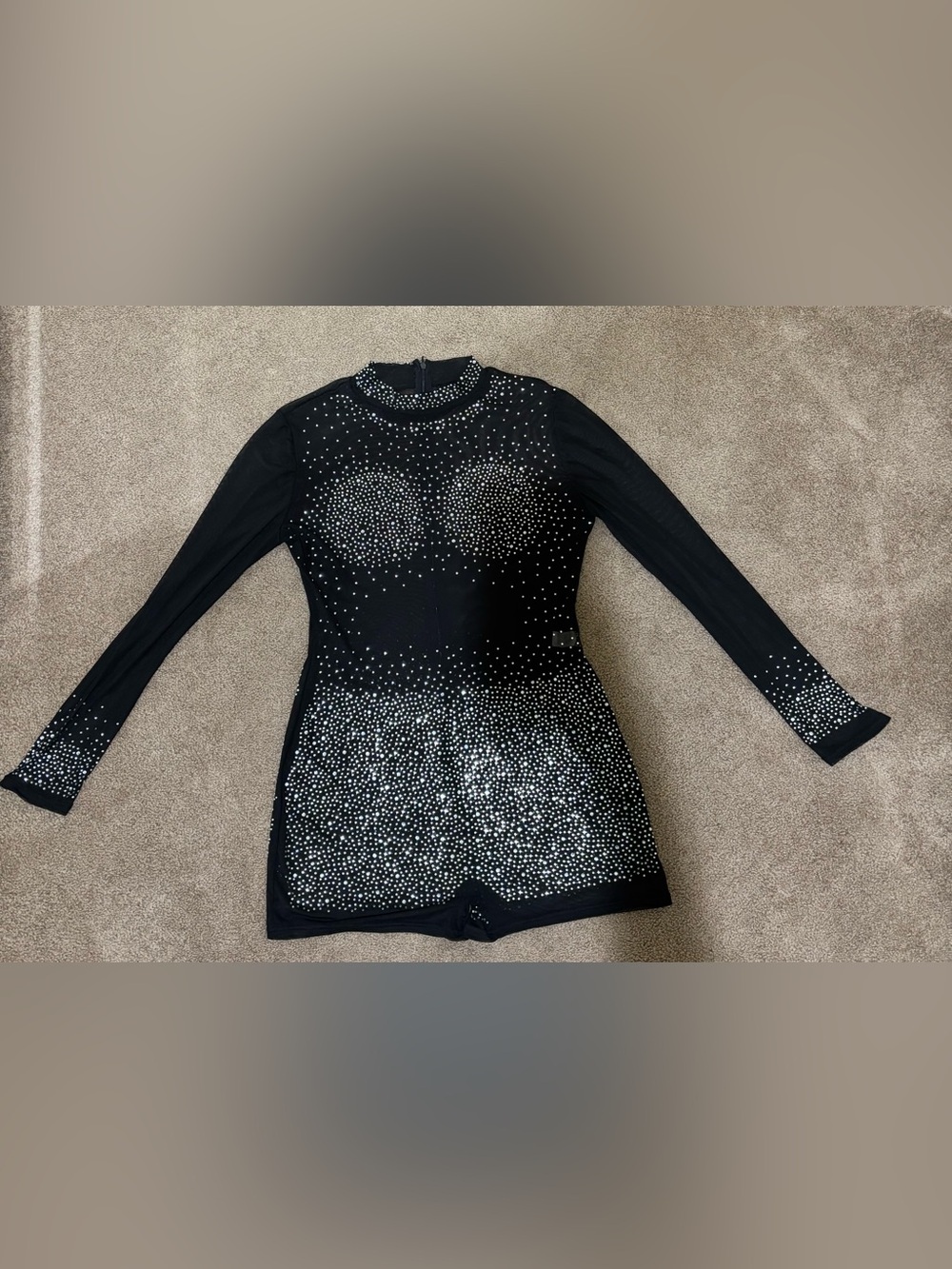 Black Rhinestone Embellished Long Sleeve Romper
